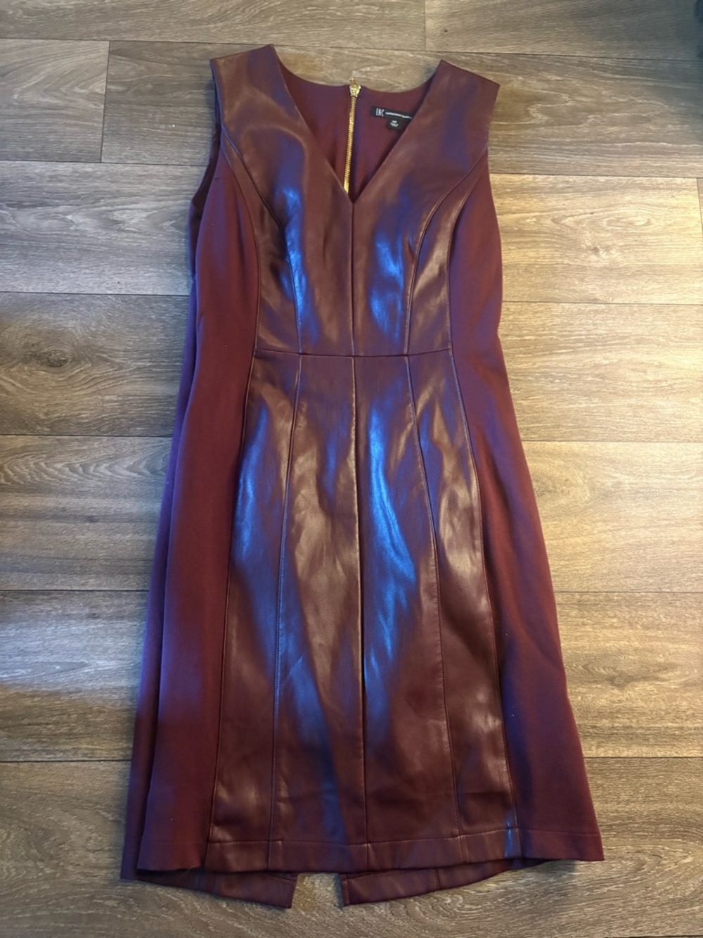 INC International Concepts Faux Leather Panel Mini Dress in Port